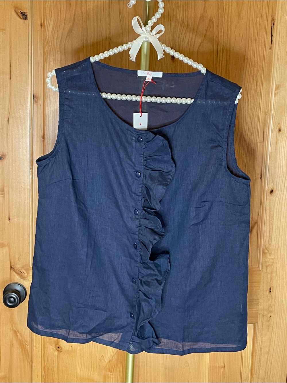 KIUP Ruffle-Front Navy Sleeveless Linen Blend Camisole Size M